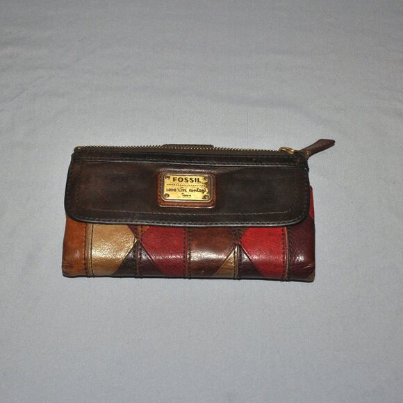 Fossil Long Leather Wallet Brown & Multicolor Patchwork Bifold Wallet - Picture 1 of 15